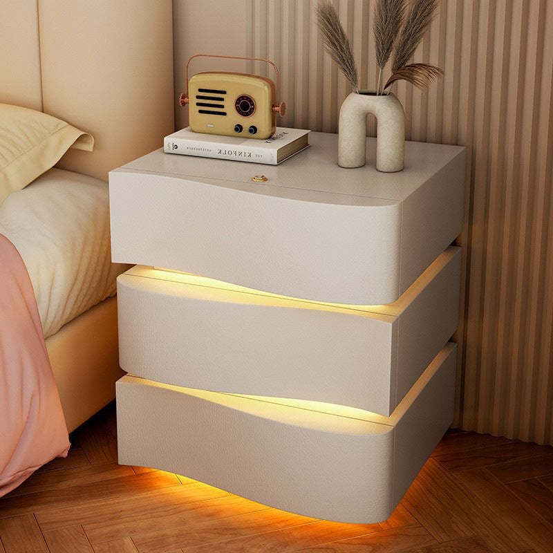Modern Wood Leather Curved 3-Drawer Nightstand — Cream White