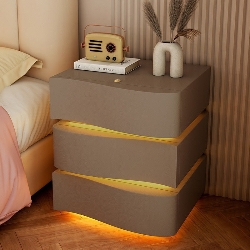 Modern Wood Leather Curved 3-Drawer Nightstand — Gray