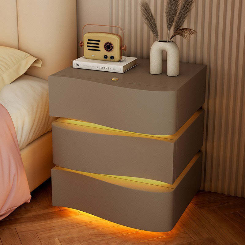 Modern Wood Leather Curved 3-Drawer Nightstand — Gray