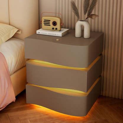 Modern Wood Leather Curved 3-Drawer Nightstand — Gray