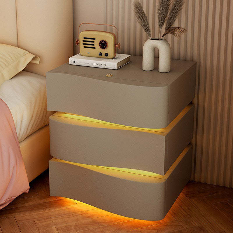 Modern Wood Leather Curved 3-Drawer Nightstand