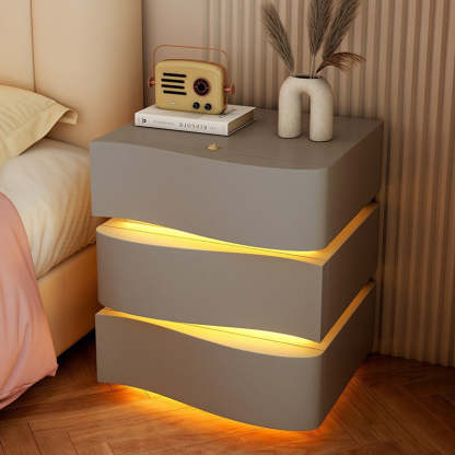Modern Wood Leather Curved 3-Drawer Nightstand