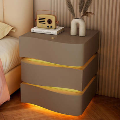 Modern Wood Leather Curved 3-Drawer Nightstand