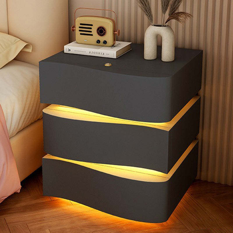 Modern Wood Leather Curved 3-Drawer Nightstand — Dark Gray