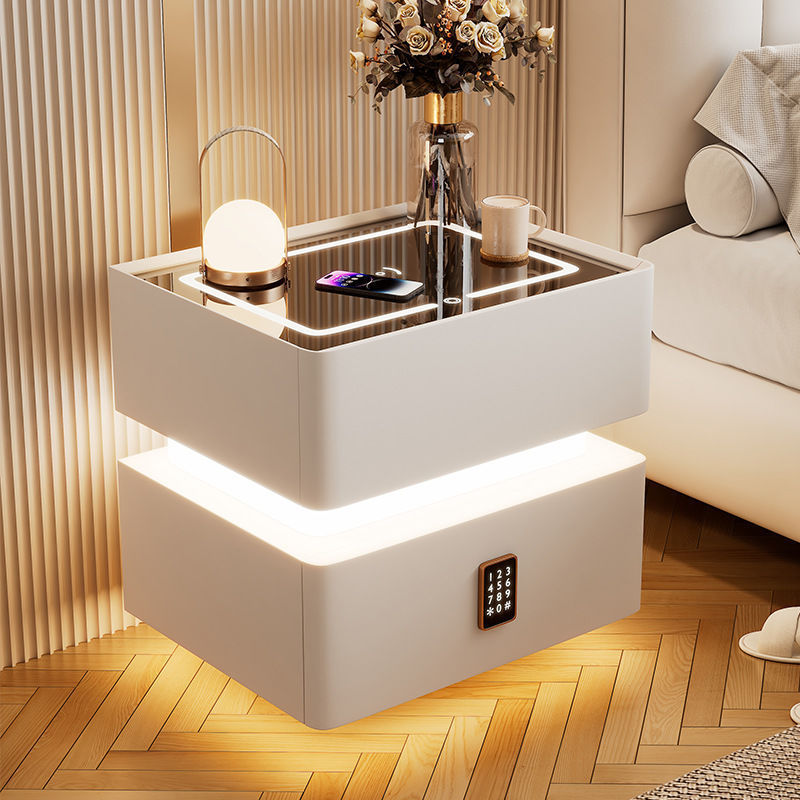 Modern Rock Panel Tempered Glass Leather 2-Drawer Nightstand — Beige / Tempered Glass