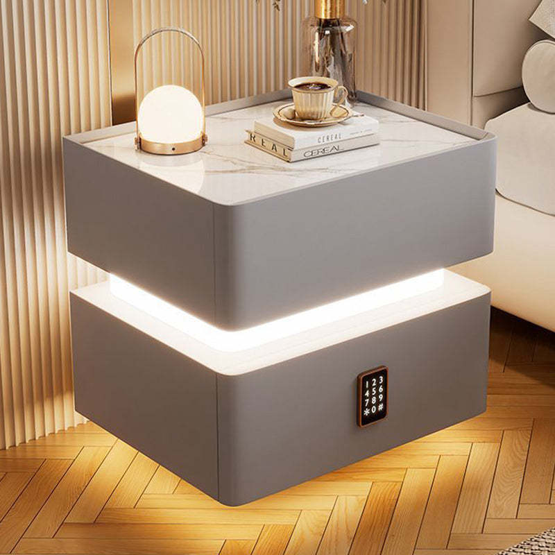 Modern Rock Panel Tempered Glass Leather 2-Drawer Nightstand — Beige / Rock Panel