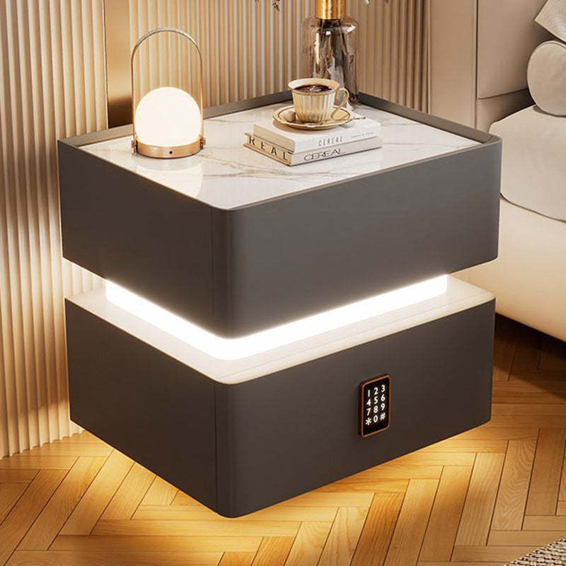 Modern Rock Panel Tempered Glass Leather 2-Drawer Nightstand — Light Gray / Rock Panel