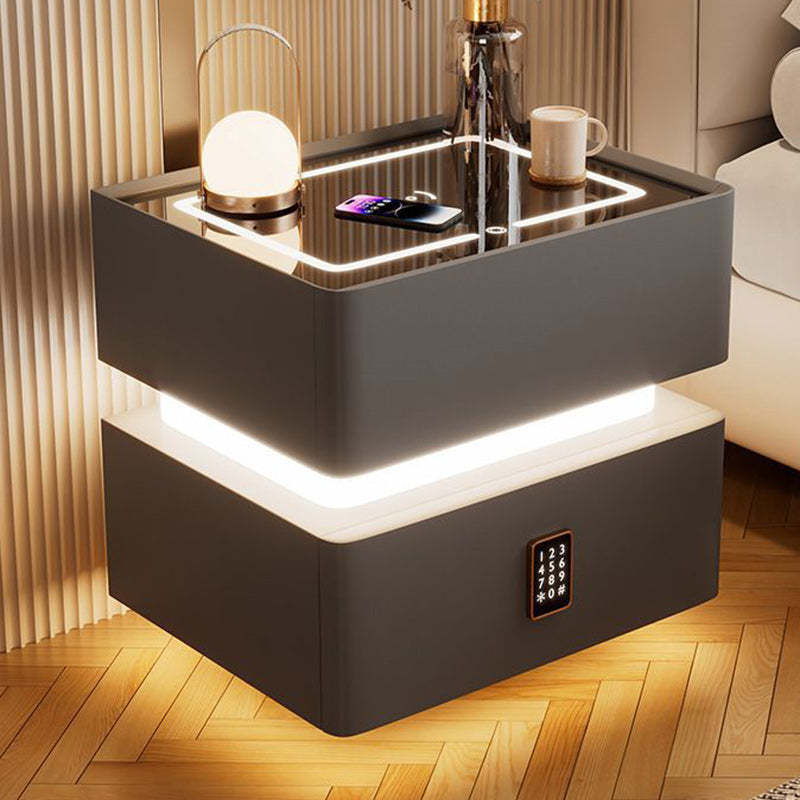 Modern Rock Panel Tempered Glass Leather 2-Drawer Nightstand — Khaki / Rock Panel