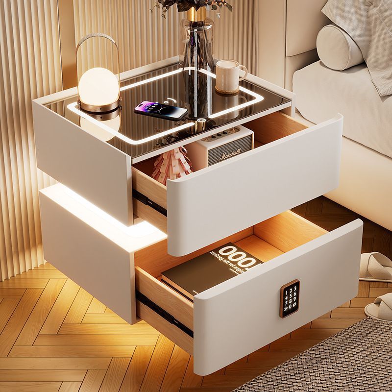 Modern Rock Panel Tempered Glass Leather 2-Drawer Nightstand — Beige / Tempered Glass
