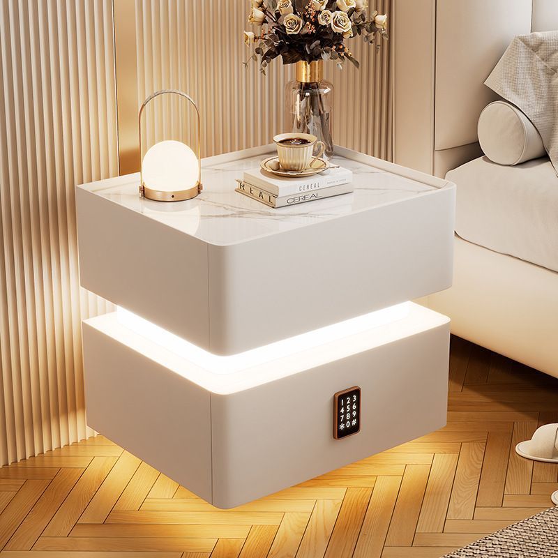 Modern Rock Panel Tempered Glass Leather 2-Drawer Nightstand — Khaki / Tempered Glass