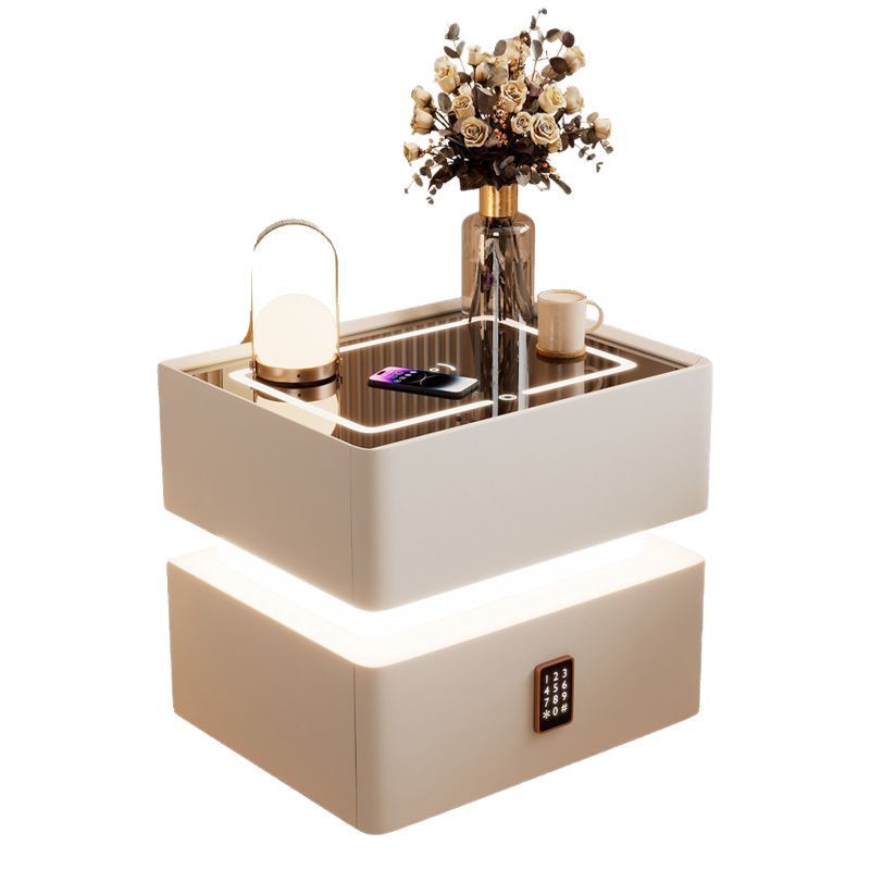 Modern Rock Panel Tempered Glass Leather 2-Drawer Nightstand — Light Gray / Rock Panel