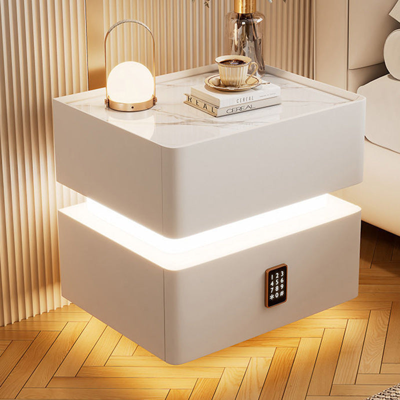 Modern Rock Panel Tempered Glass Leather 2-Drawer Nightstand — Beige / Rock Panel