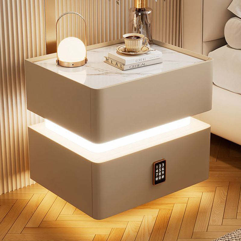 Modern Rock Panel Tempered Glass Leather 2-Drawer Nightstand — Beige / Tempered Glass