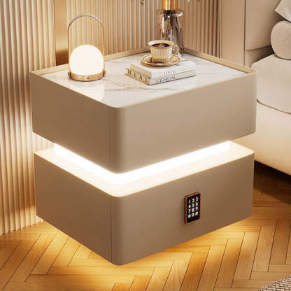 Modern Rock Panel Tempered Glass Leather 2-Drawer Nightstand — Beige / Tempered Glass