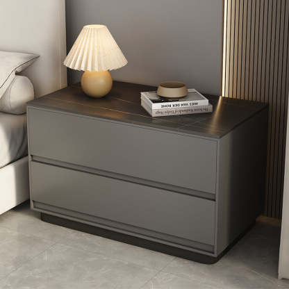 Minimalist Sintered Stone Leather Wood Nightstand — Light Gray