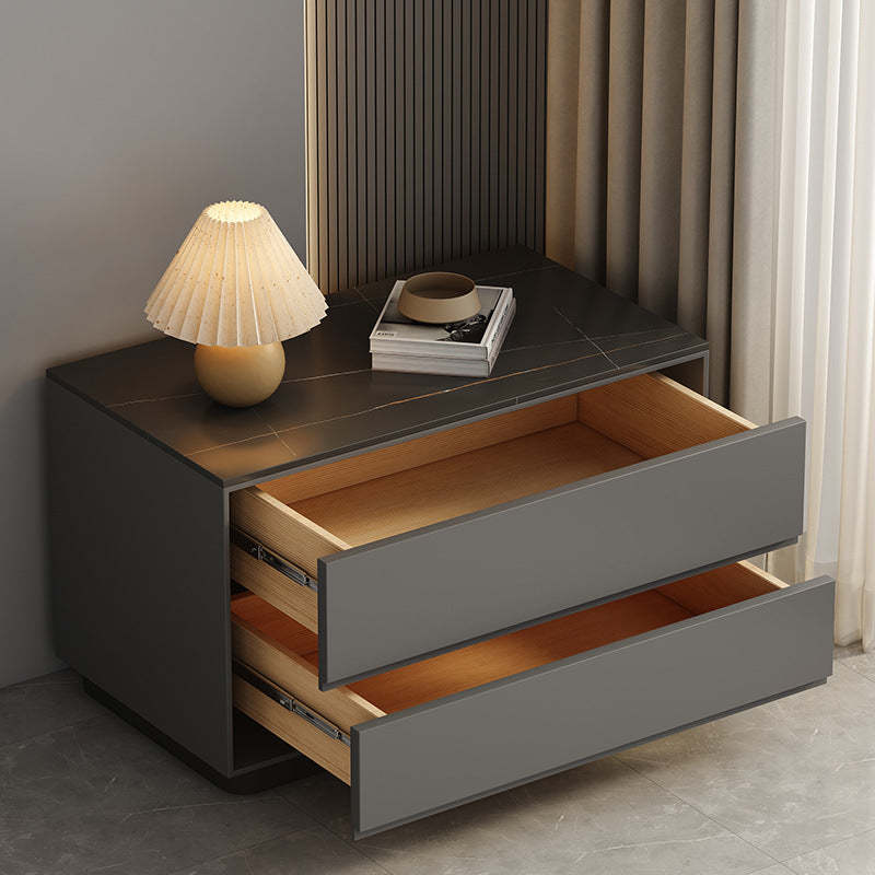 Minimalist Sintered Stone Leather Wood Nightstand — Light Gray