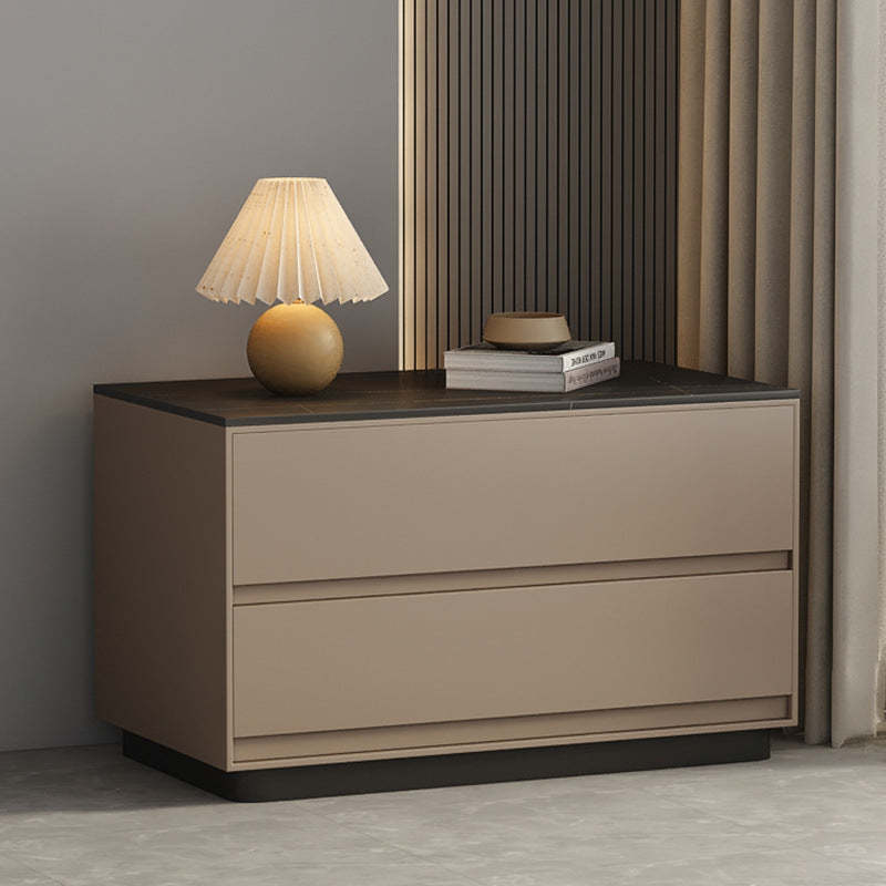 Minimalist Sintered Stone Leather Wood Nightstand — Beige