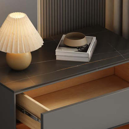 Minimalist Sintered Stone Leather Wood Nightstand — Beige