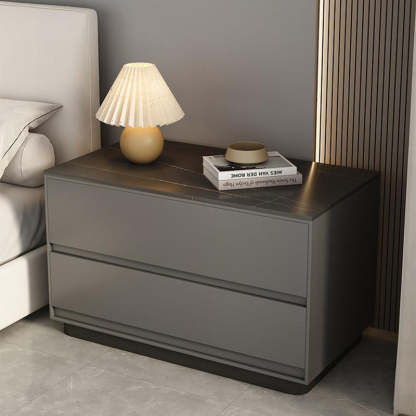 Minimalist Sintered Stone Leather Wood Nightstand — Dark Curry Color