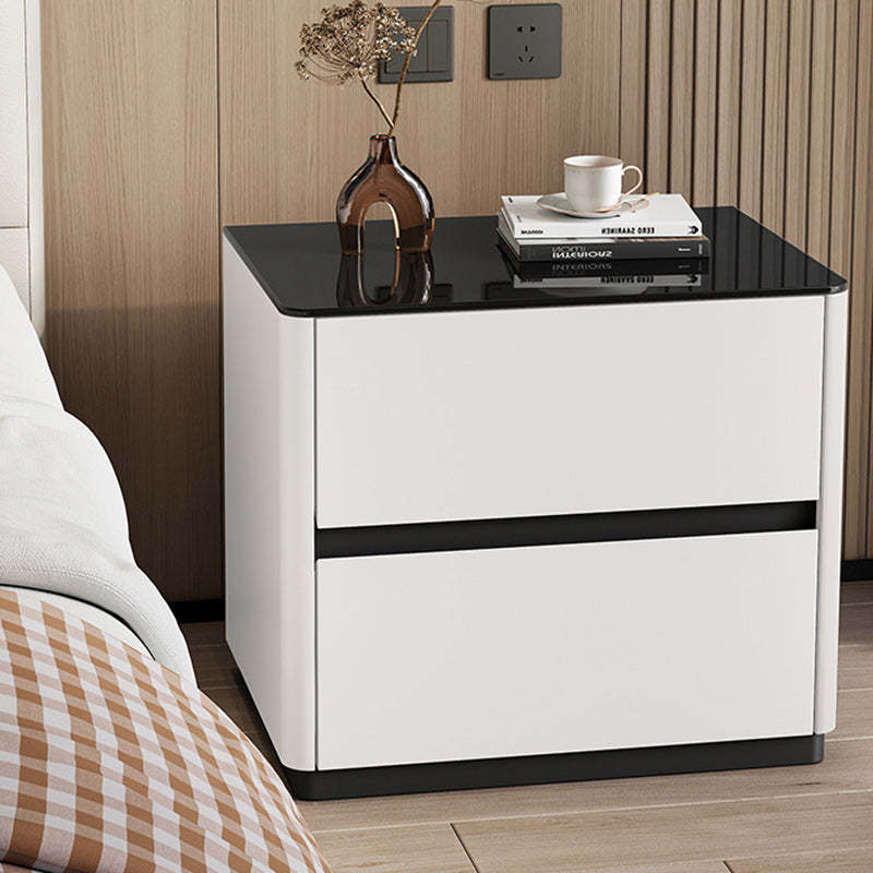 Modern Tempered Glass Solid Wood 2-Drawer Rounded Nightstand — Beige