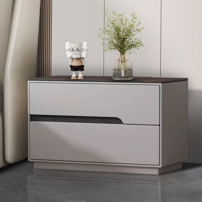 Modern Luxury Sintered Stone Leather Solid Wood Rectangular Nightstand 2-Drawer For Bedroom