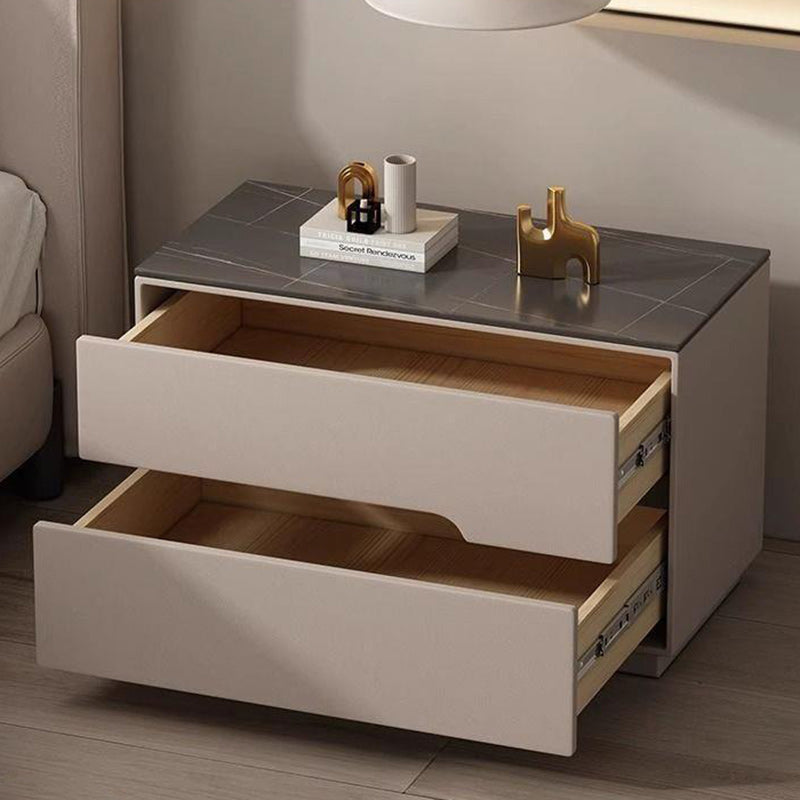 Modern Luxury Sintered Stone Leather Solid Wood Rectangular Nightstand 2-Drawer For Bedroom