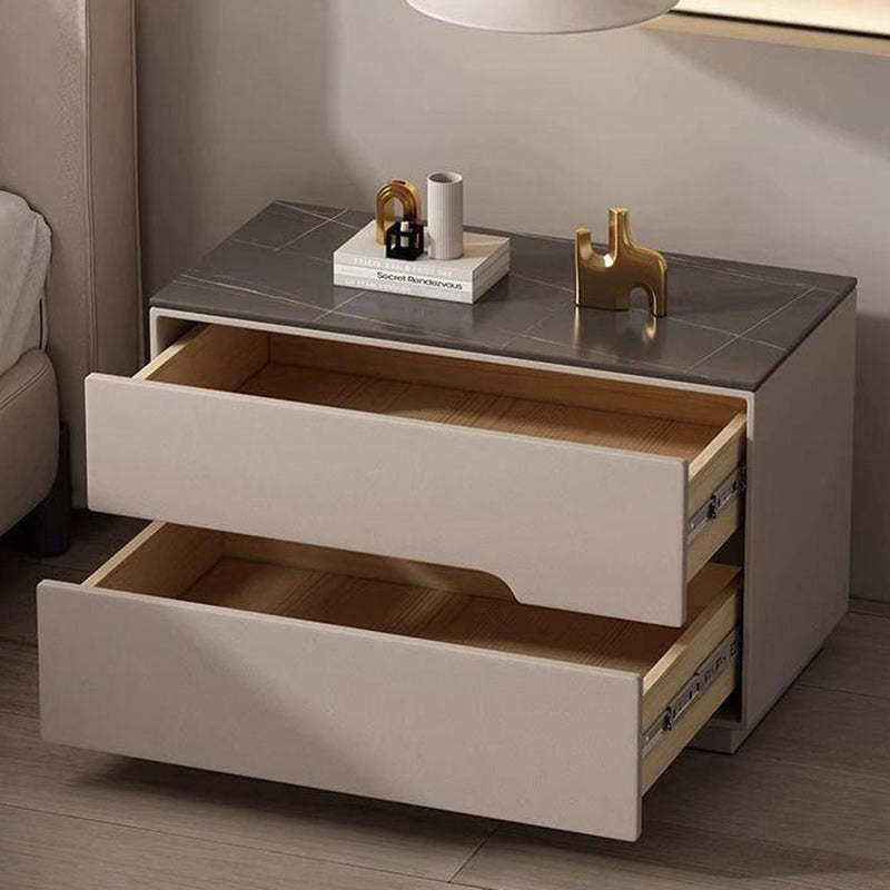 Modern Luxury Sintered Stone Leather Solid Wood Rectangular Nightstand 2-Drawer For Bedroom
