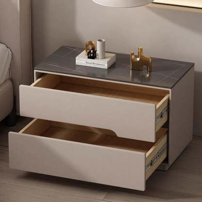 Modern Luxury Sintered Stone Leather Solid Wood Rectangular Nightstand 2-Drawer For Bedroom
