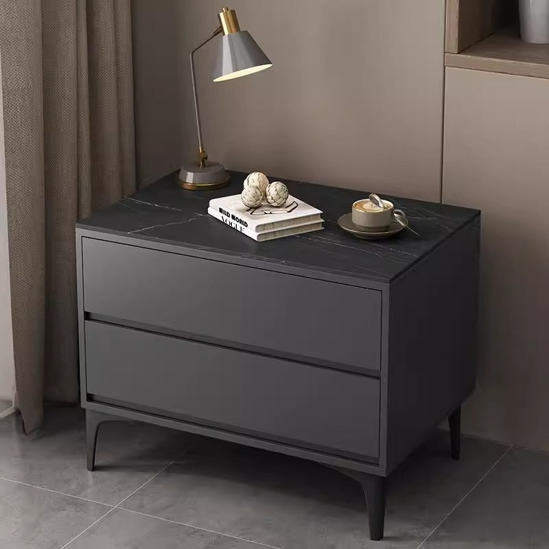 Minimalist Wood Sintered Stone Nightstand — Dark Gray & Black