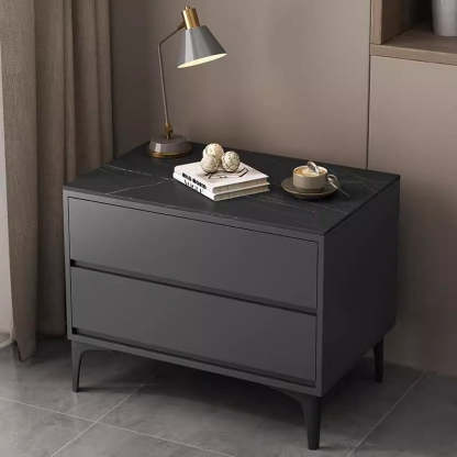 Minimalist Wood Sintered Stone Nightstand — Dark Gray & Black