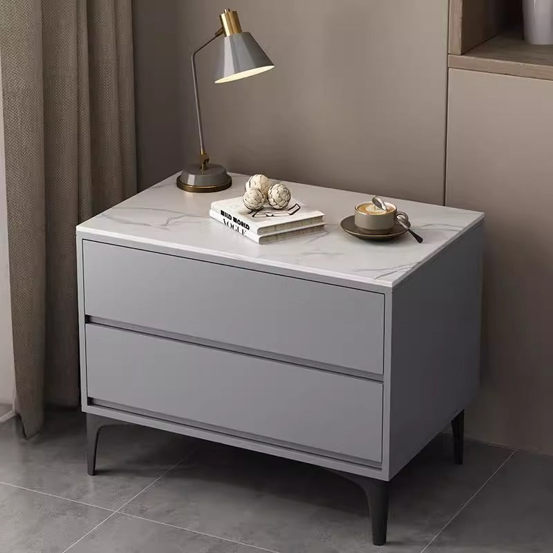 Minimalist Wood Sintered Stone Nightstand — Light Gray & White