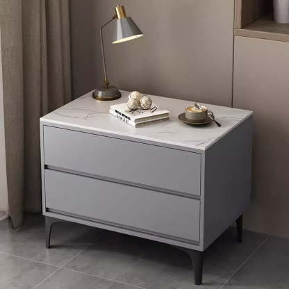 Minimalist Wood Sintered Stone Nightstand — Light Gray & White