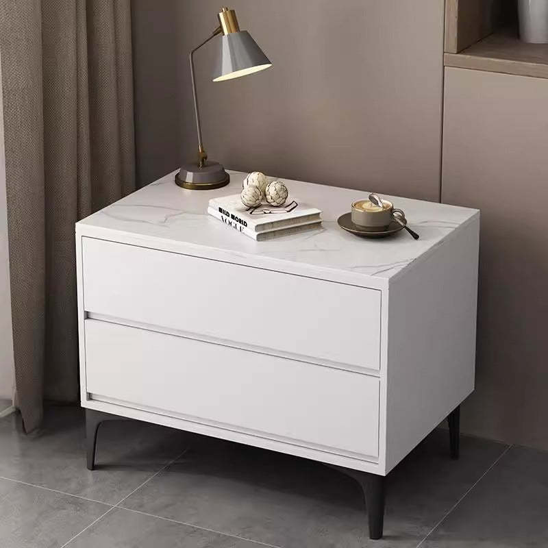 Minimalist Wood Sintered Stone Nightstand — White & White