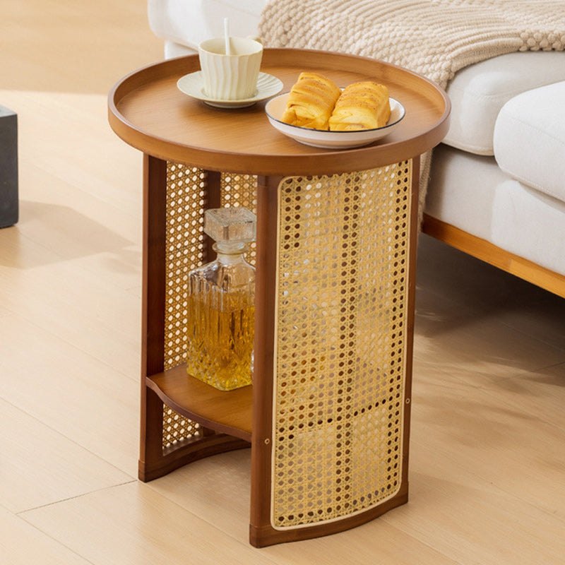 Chinese Bamboo Woven Round 2-Tier End Table — Tea Color