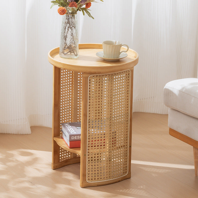 Chinese Bamboo Woven Round 2-Tier End Table