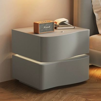 Contemporary Solid Wood 2-Drawer Curved Nightstand — With Light / White