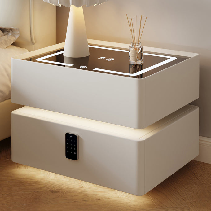 Nordic Glass Sintered Stone 2-Drawer Nightstand — Sensor Light   Wireless Charging   Touch Three - Color Light   Password Lock / White