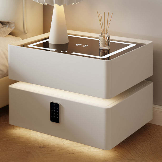 Nordic Glass Sintered Stone 2-Drawer Nightstand — Sensor Light   Wireless Charging   Touch Three - Color Light   Password Lock / White