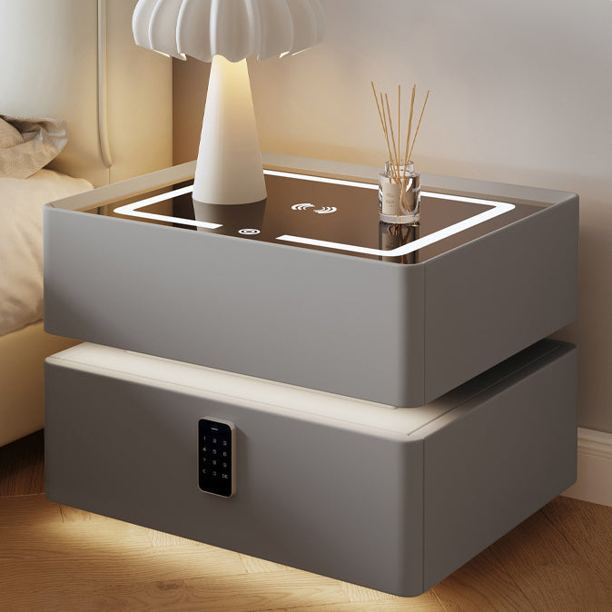 Nordic Glass Sintered Stone 2-Drawer Nightstand — Sensor Light   Wireless Charging   Touch Three - Color Light   Password Lock / Light Gray