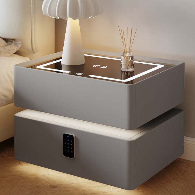 Nordic Glass Sintered Stone 2-Drawer Nightstand — Sensor Light   Wireless Charging   Touch Three - Color Light   Password Lock / Light Gray
