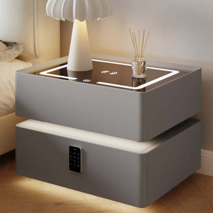 Nordic Glass Sintered Stone 2-Drawer Nightstand — Sensor Light   Wireless Charging   Touch Three - Color Light   Password Lock / Light Gray
