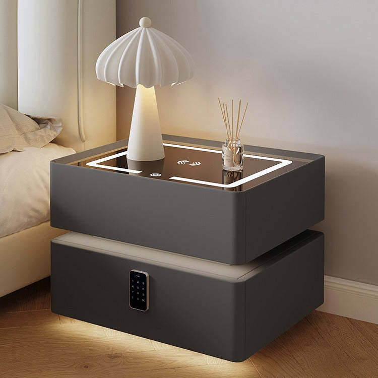 Nordic Glass Sintered Stone 2-Drawer Nightstand — Sensor Light   Wireless Charging   Touch Three - Color Light   Password Lock / Khaki