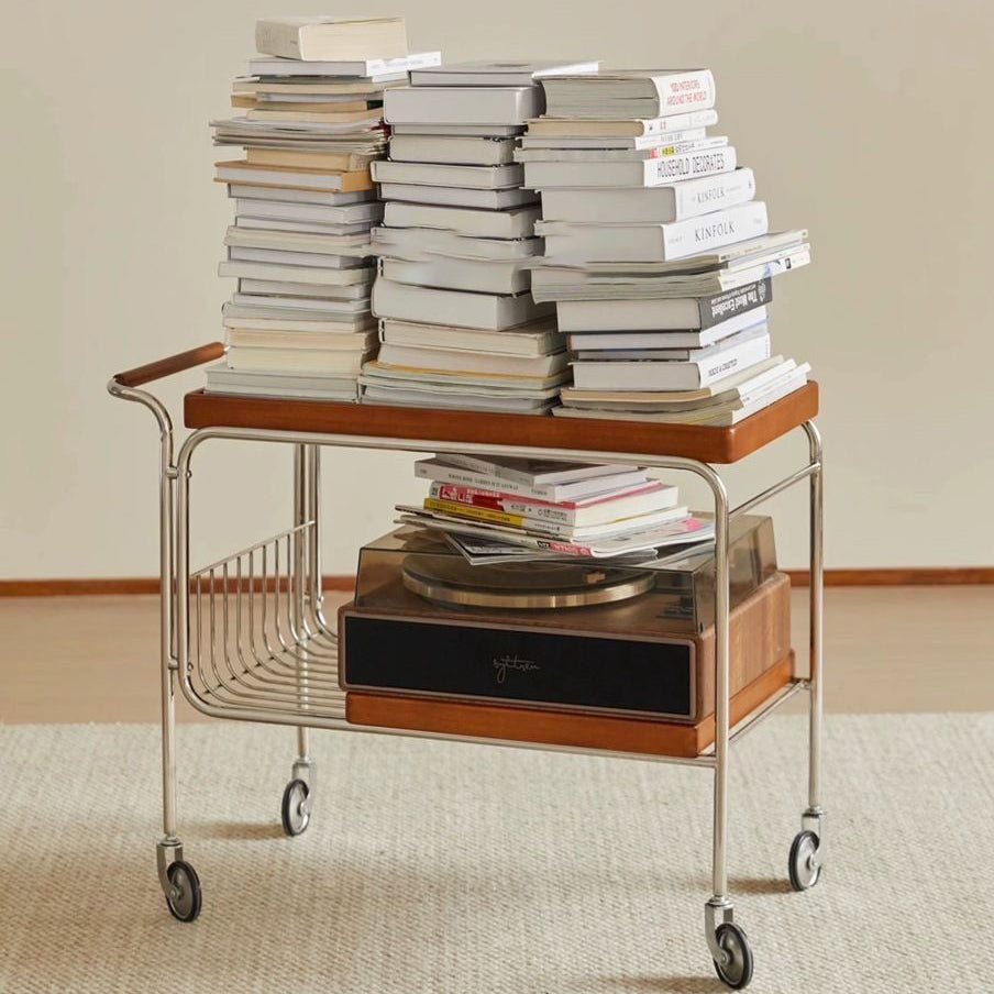 Nordic Wood Iron 4-Wheel Side Table — Solid Wood / Red Oak Color