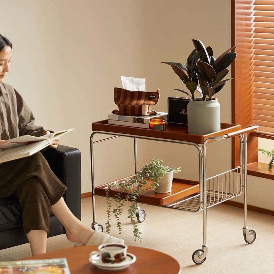 Nordic Wood Iron 4-Wheel Side Table — Multilayer Board / Dark Walnut Color