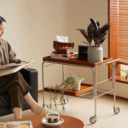 Nordic Wood Iron 4-Wheel Side Table — Multilayer Board / Dark Walnut Color