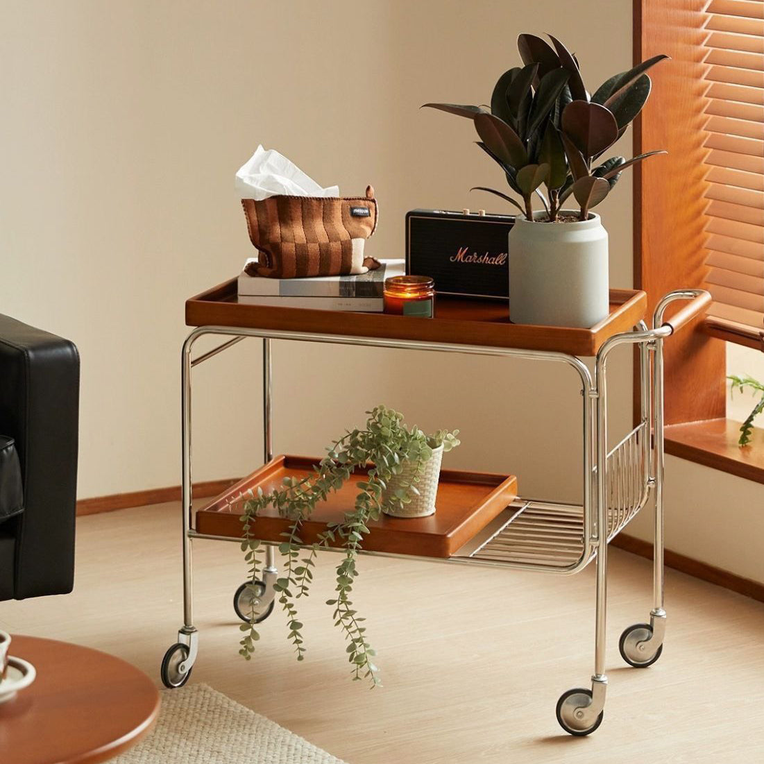 Nordic Wood Iron 4-Wheel Side Table — Multilayer Board / Red Oak Color