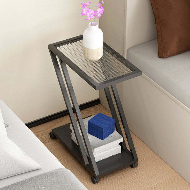 Minimalist Iron Glass Geometric 2-Tier Side Table — Milky White