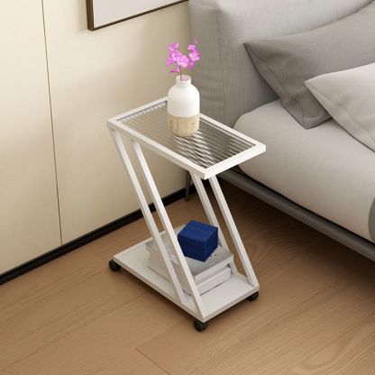 Minimalist Iron Glass Geometric 2-Tier Side Table — White