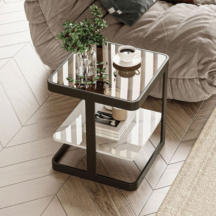 Nordic Iron Glass Coffee Table 2-Tier — Black / Brown Glass