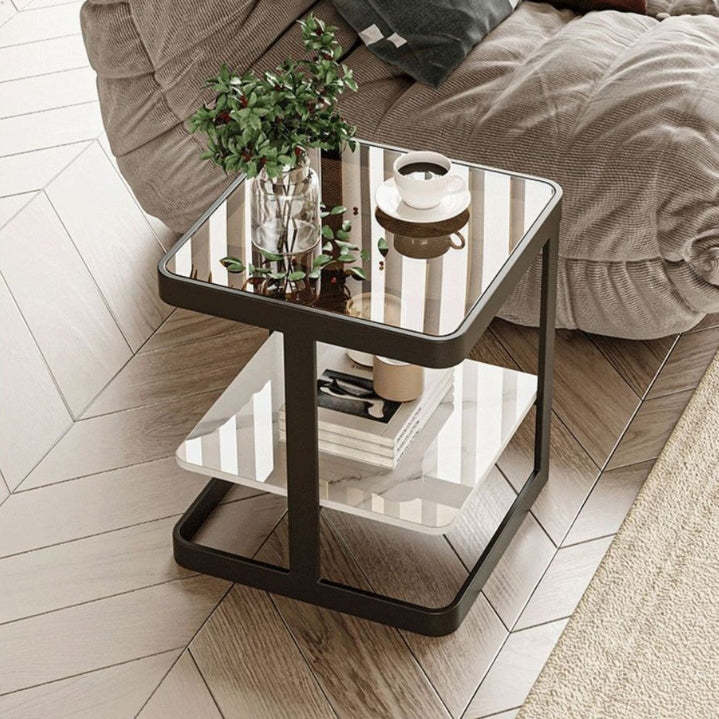 Nordic Iron Glass Coffee Table 2-Tier — Black / Brown Glass